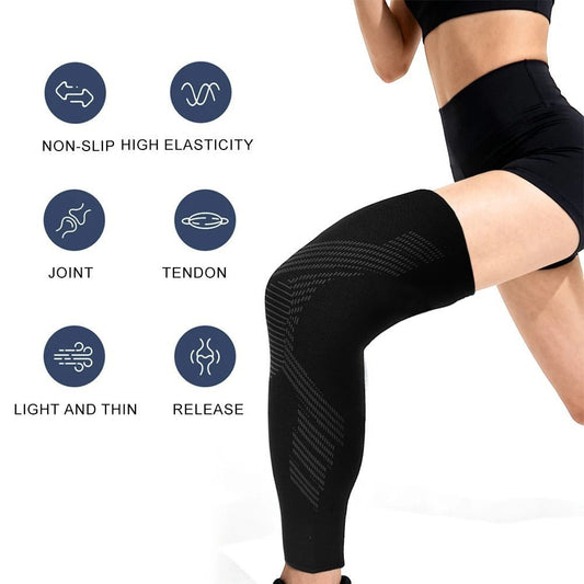 Pure Motion black compression leg sleeve with non-slip high elasticity for joint and tendon support.