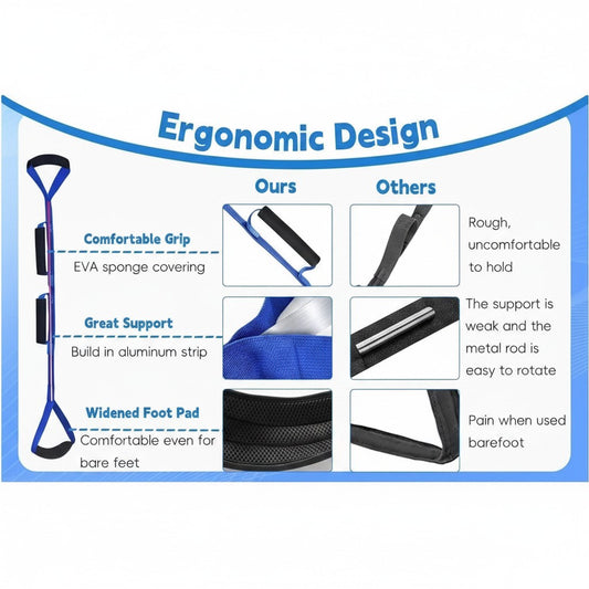 Pure Motion blue nylon leg mobility strap with EVA sponge grips and widened foot pad for assisted lifts and stretches.