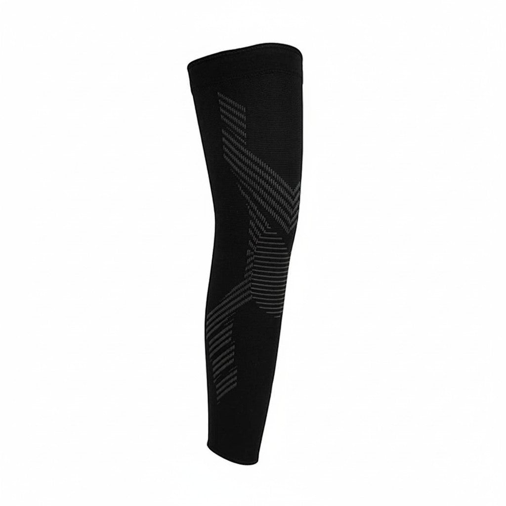 Pure Motion black compression leg sleeve with grey geometric pattern for knee and calf support.