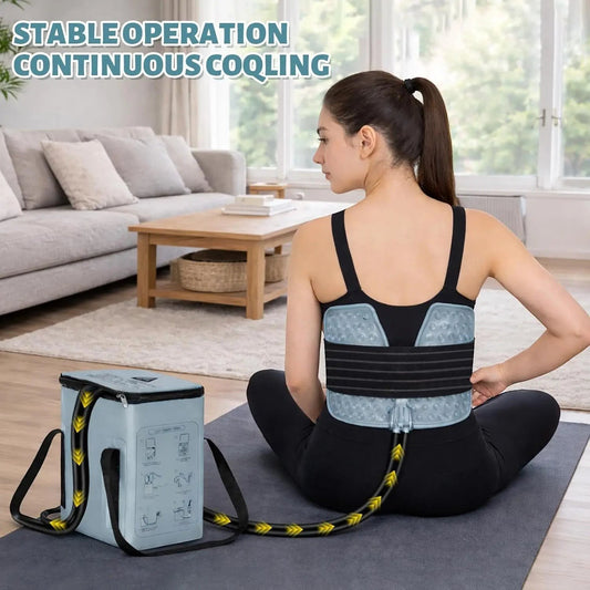 Pure Motion grey circulating cold therapy machine with wrap for back pain relief and recovery.