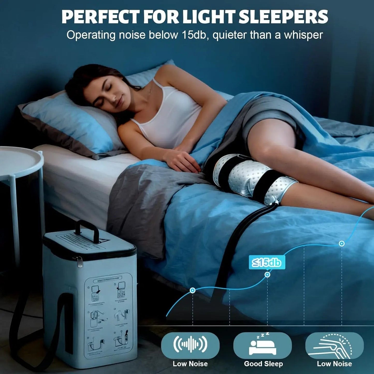 Pure Motion grey cold therapy machine with wrap on woman's knee for joint pain relief and recovery.