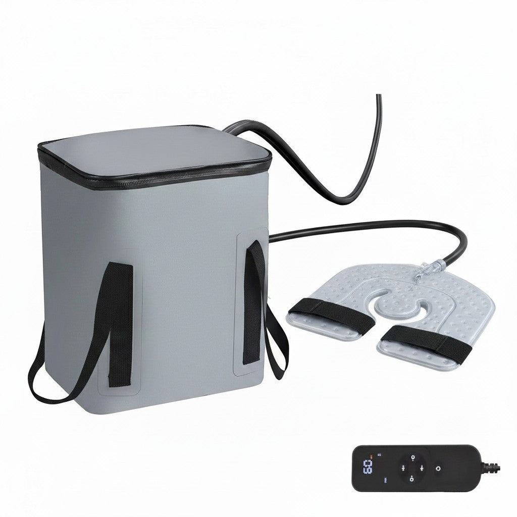 Pure Motion grey circulating cold therapy machine with knee wrap pad and remote control for joint recovery.