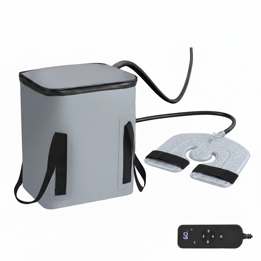 Pure Motion grey circulating cold therapy machine with knee wrap pad and remote control for joint recovery.