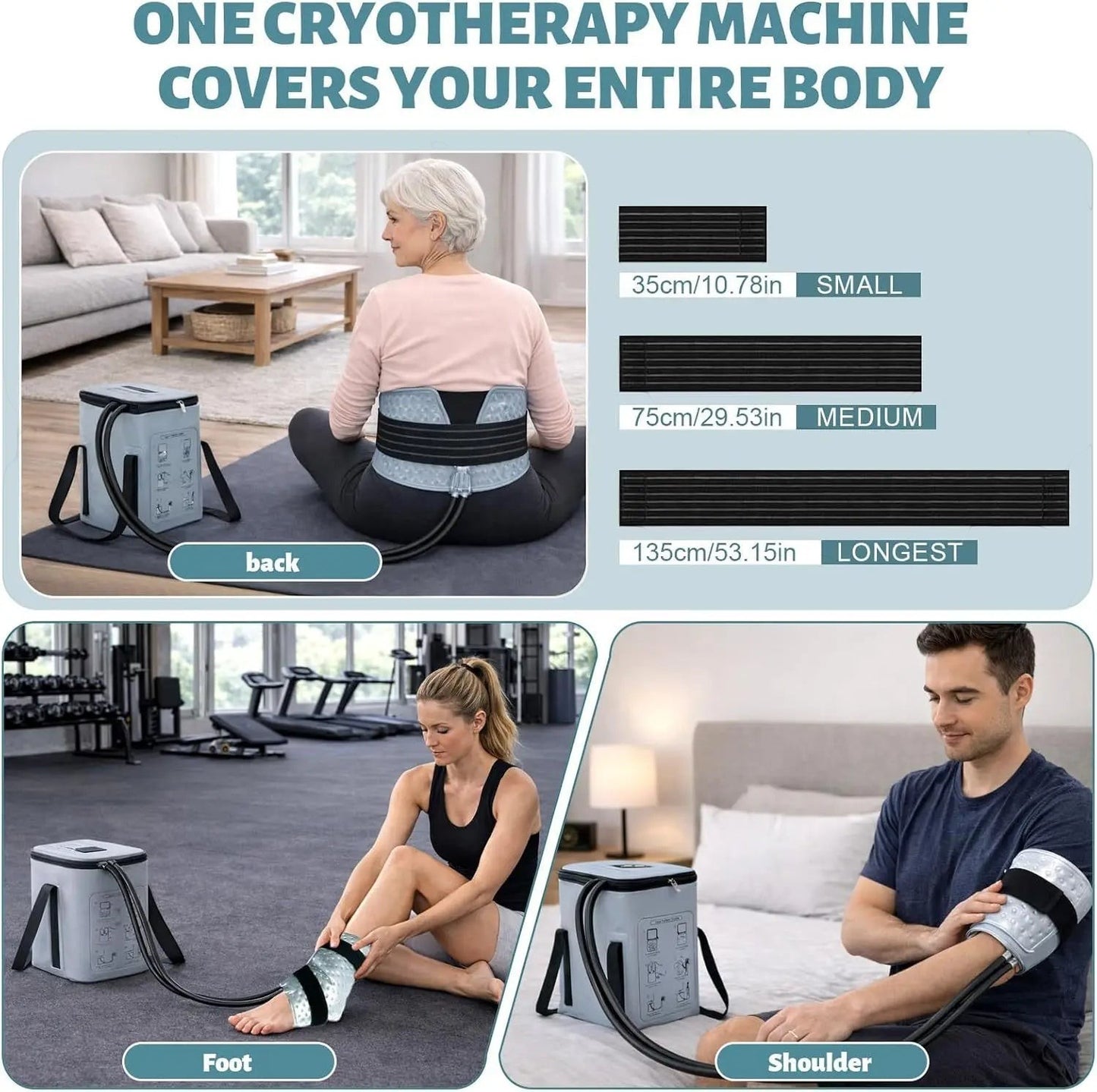 Pure Motion grey cryotherapy machine with wraps for back, foot, and shoulder pain relief. Adjustable cold therapy.
