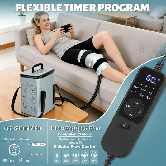 Pure Motion grey circulating cold therapy machine with knee wrap for joint recovery. Woman relaxing on couch using device.