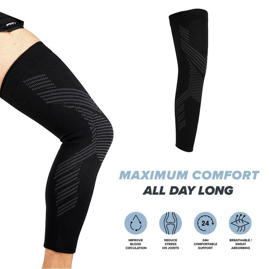 Pure Motion black compression leg sleeve with grey geometric pattern, offering full-leg support for activity and recovery.