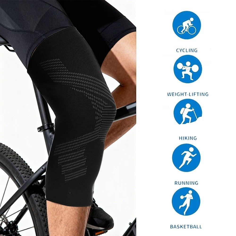 Pure Motion black compression leg sleeve with textured pattern, designed for cycling, weight-lifting, hiking, running, and basketball.