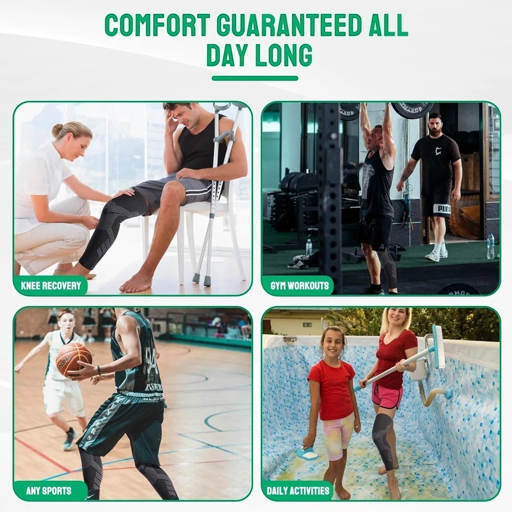 Pure Motion black compression leg sleeve with geometric pattern for knee recovery, gym, sports, and daily activities.