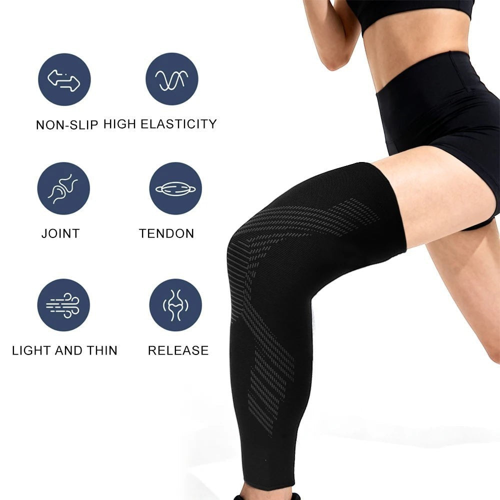 Pure Motion black compression leg sleeve with non-slip high elasticity for joint and tendon support.