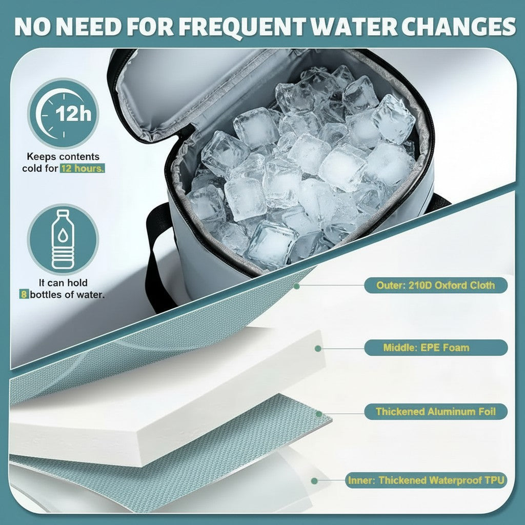 Pure Motion grey insulated cooler bag filled with ice, showing its multi-layer construction for cold therapy.