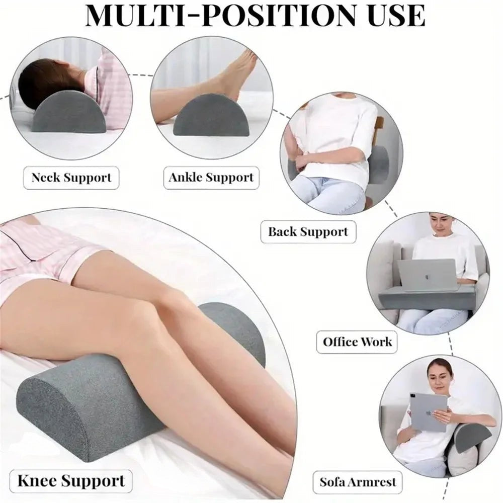 Pure Motion grey memory foam knee pillow for multi-position support: neck, ankle, back, office work, and sofa armrest.