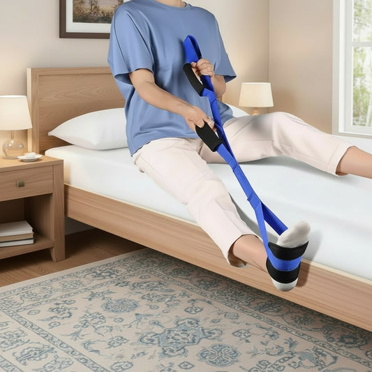 Pure Motion blue nylon leg mobility strap with handles for assisted leg lifts and stretches.