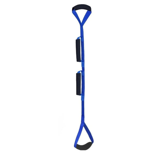 Pure Motion blue nylon leg mobility strap with padded handles for assisted lifts and stretches.