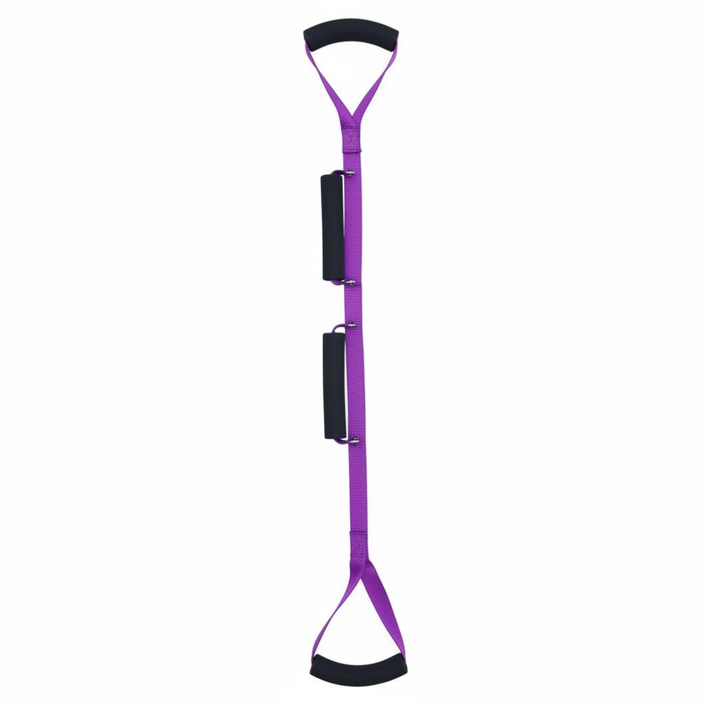 Pure Motion purple nylon leg mobility strap with black foam handles for assisted lifts and stretches.
