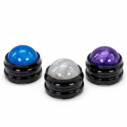 Pure Motion 360° spinning massage ball in blue, white, and purple, made of durable ABS with a smooth-spin core.