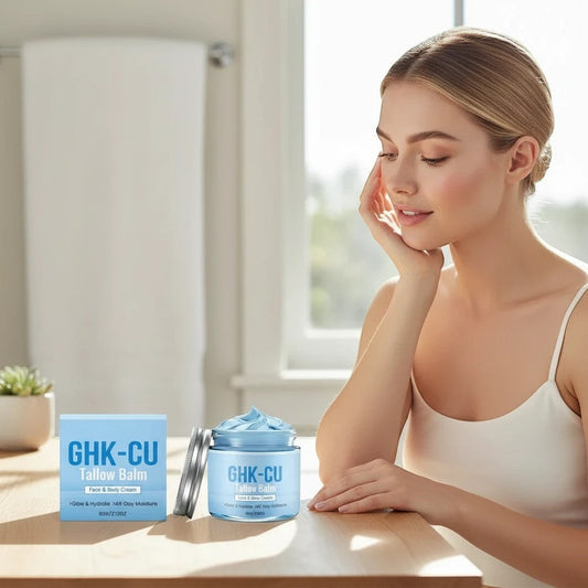 Pure Motion GHK-CU Tallow Balm in a light blue jar with a silver lid, featuring a woman with clear skin touching her face.
